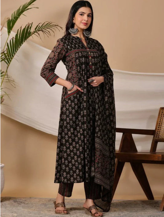 Black Premium Kurta With Pant Dupatta Set