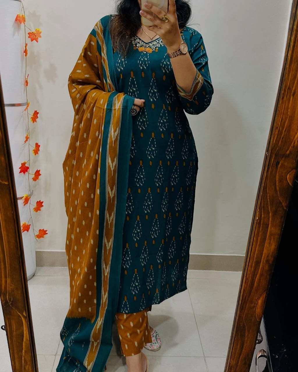 Elegant Teal & Mustard Ikat Print Cotton Suit Set