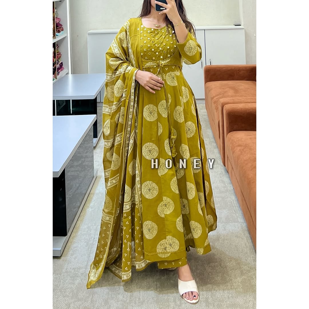 Yellow Cotton Anarkali Set with Jacket & Dupatta