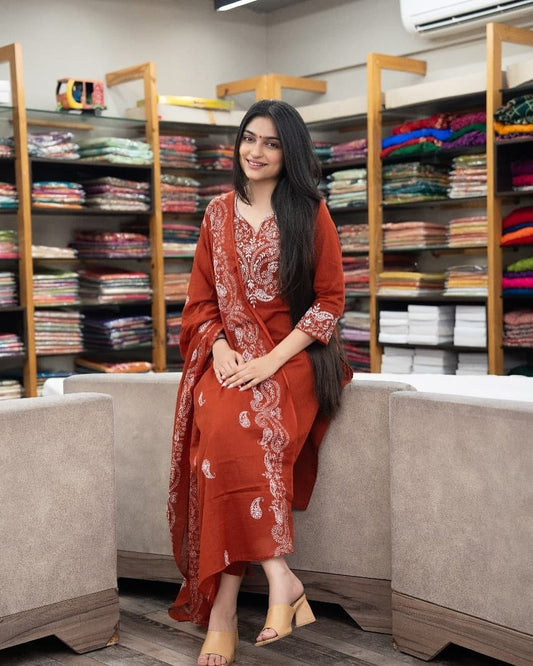 Premium Embroidered Cotton Kurti, Pants and Dupatta Set
