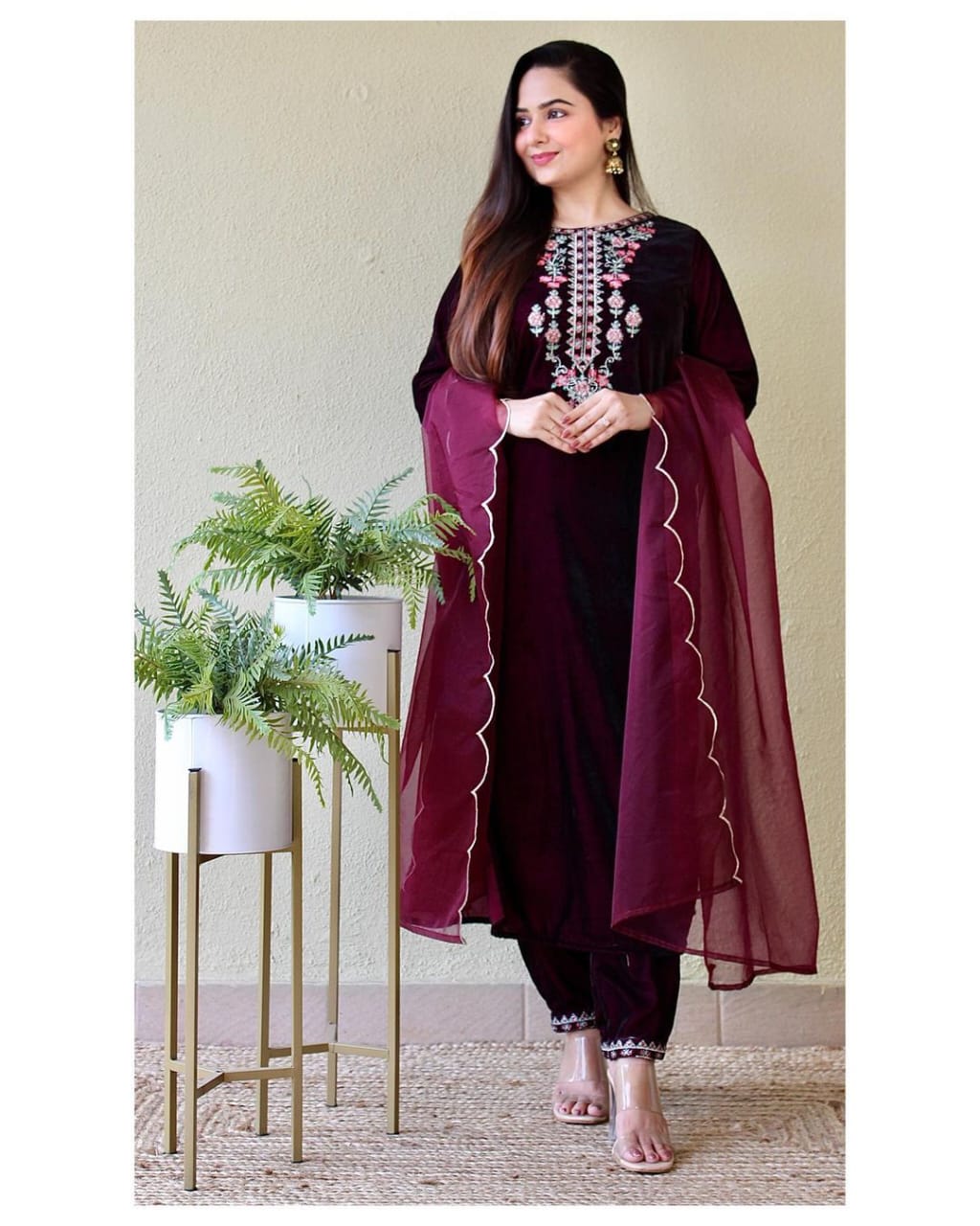 Maroon Velvet Suit set with embroidery for winter wear - Beautiful flower embroidery -suit, salwar and dupatta