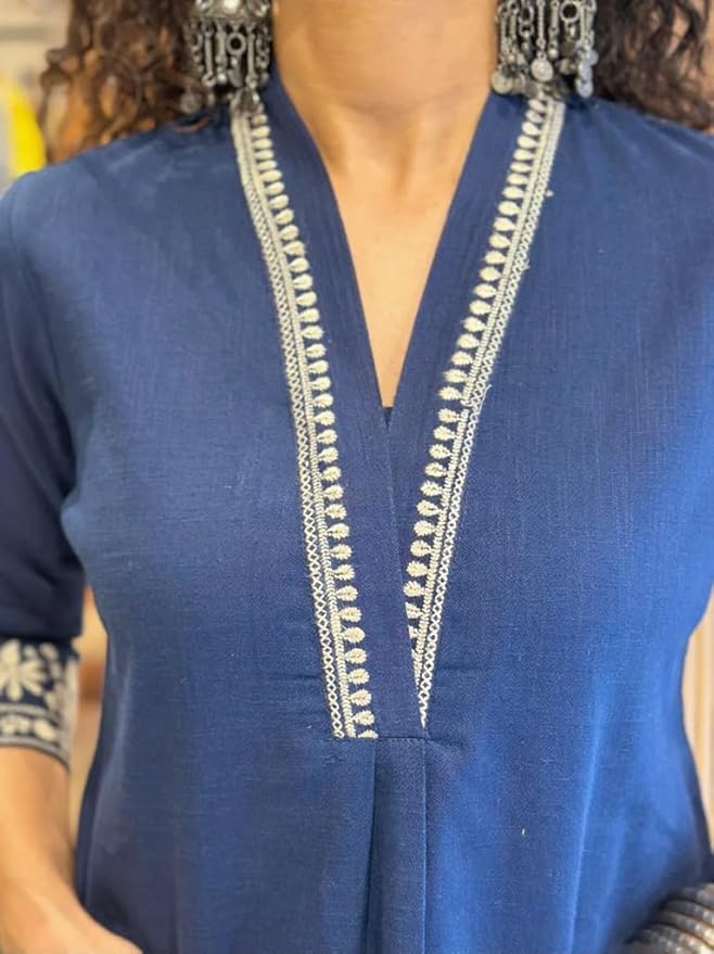 Khubsurat Dark Blue Slub Cotton Co-ord Set with Embroidery & Lace Work