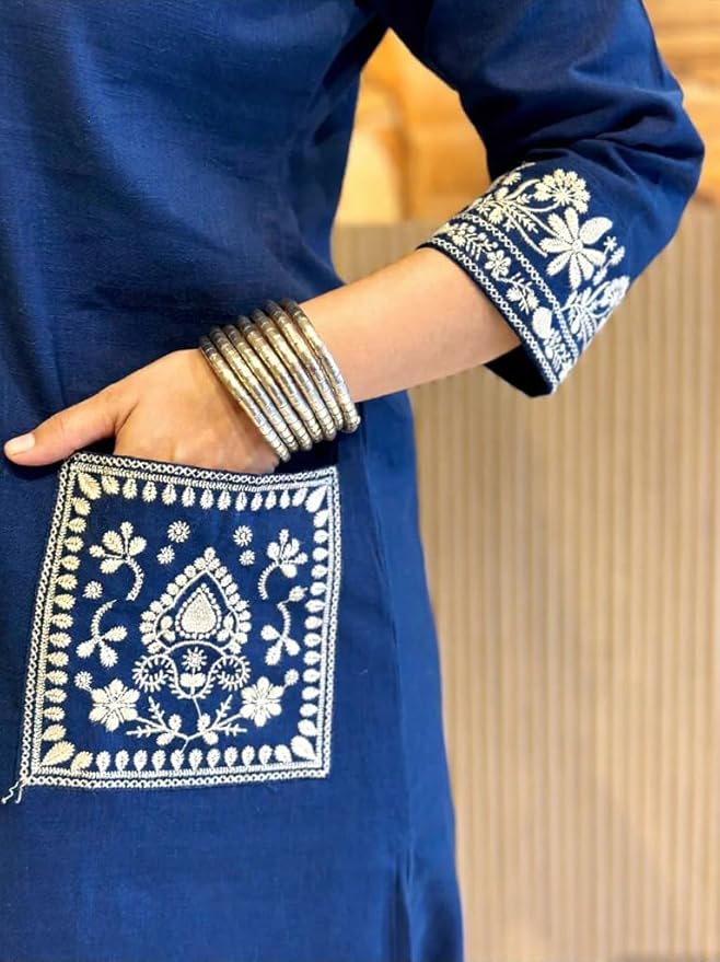 Khubsurat Dark Blue Slub Cotton Co-ord Set with Embroidery & Lace Work