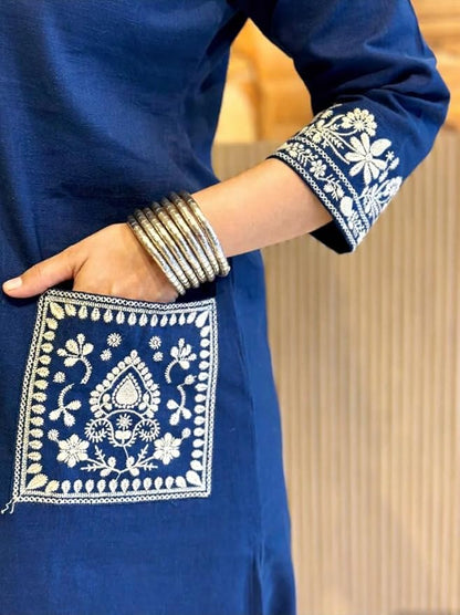 Khubsurat Dark Blue Slub Cotton Co-ord Set with Embroidery & Lace Work