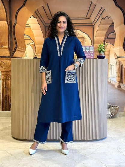 Khubsurat Dark Blue Slub Cotton Co-ord Set with Embroidery & Lace Work