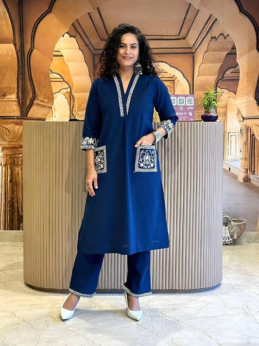 Khubsurat Dark Blue Slub Cotton Co-ord Set with Embroidery & Lace Work