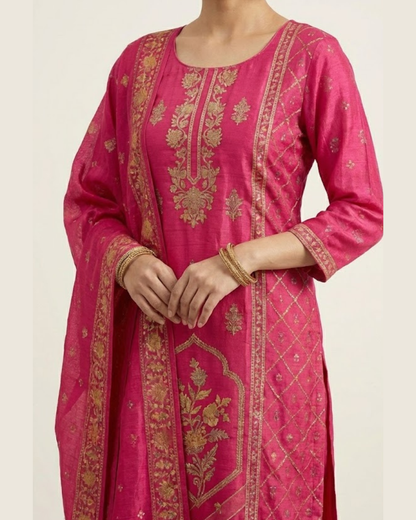 Pure Muslin New Arrivels Festivel Pink Rani Special 3 Piece Set