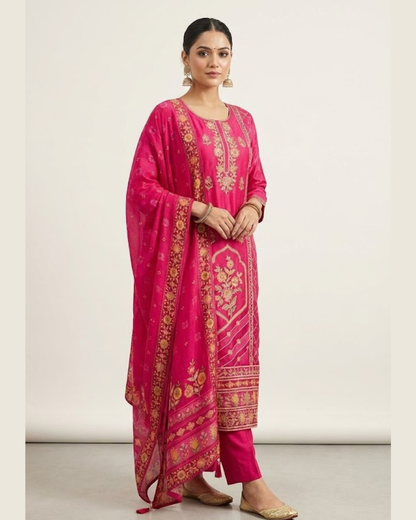 Pure Muslin New Arrivels Festivel Pink Rani Special 3 Piece Set