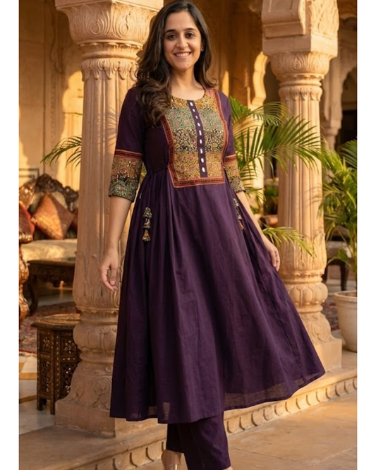 Purple Solid A-Line Kurti With Pant Set