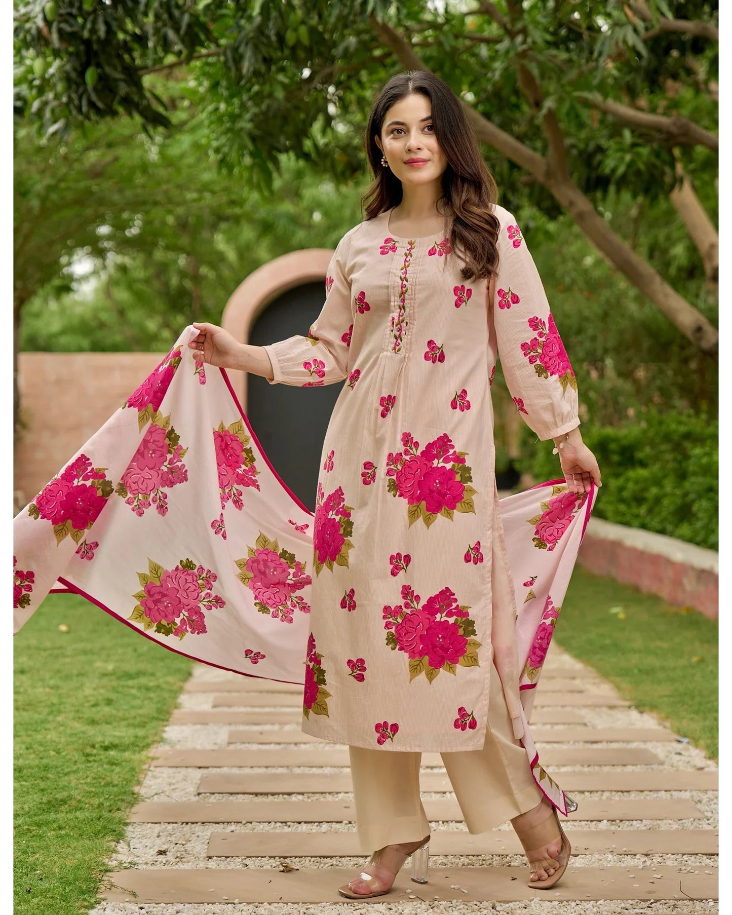 Blush Pink & Yellow Bloom Handwork Mul Cotton Suit