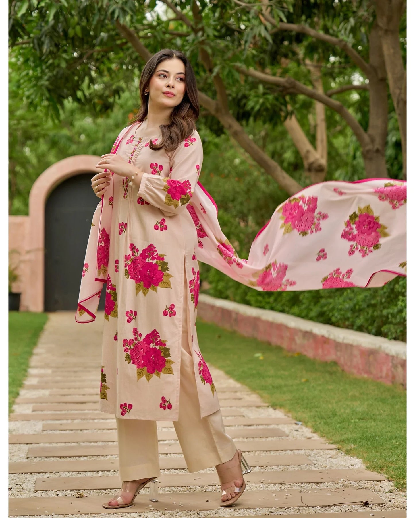 Blush Pink & Yellow Bloom Handwork Mul Cotton Suit