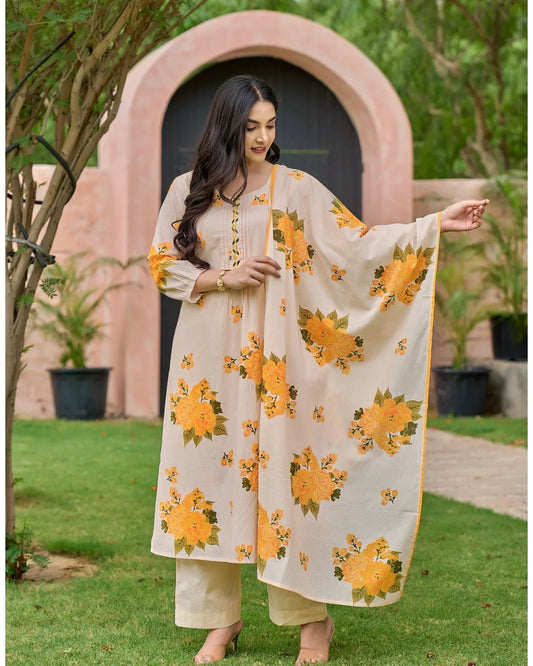 Sunlit Yellow Bloom Handwork Mul Cotton Suit