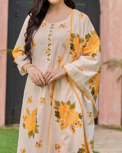 Sunlit Yellow Bloom Handwork Mul Cotton Suit