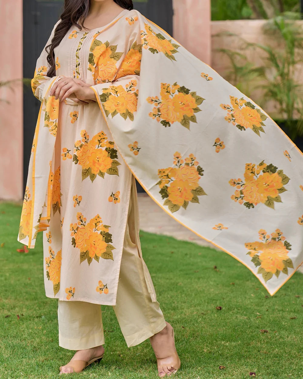 Sunlit Yellow Bloom Handwork Mul Cotton Suit
