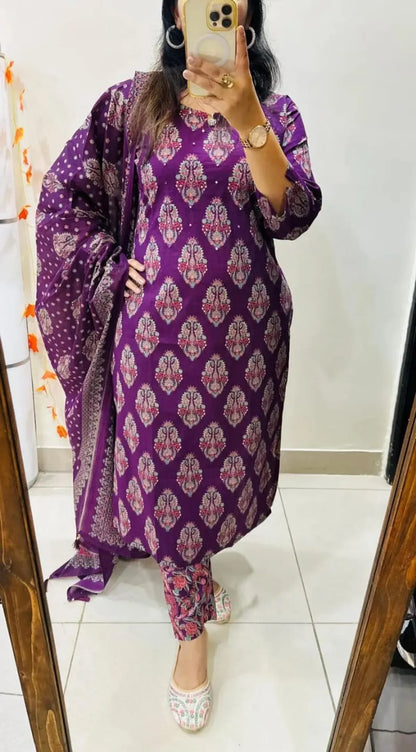 Arial Blue Wine Cotton Straight Kurta Set