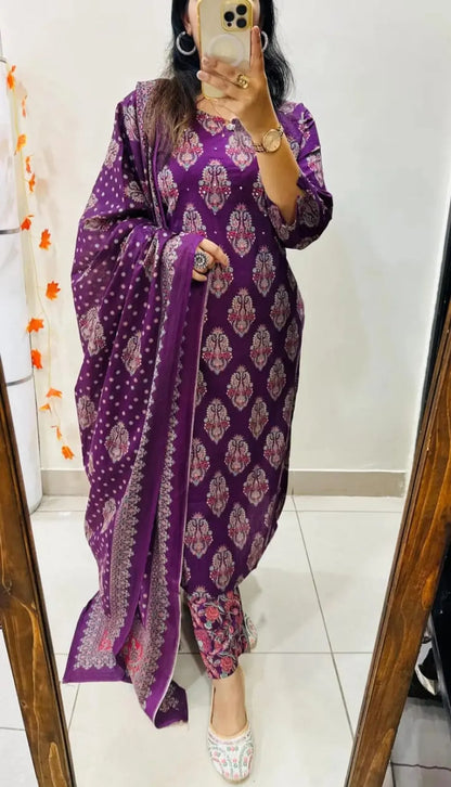 Arial Blue Wine Cotton Straight Kurta Set