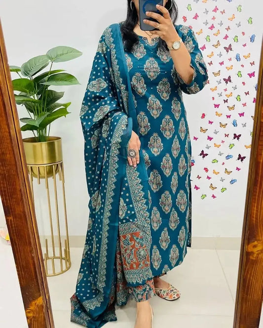 Arial Blue Pure Cotton Straight Kurta Set