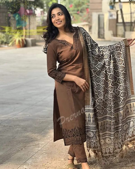 Elegant Brown Kurta Set with Printed Dupatta