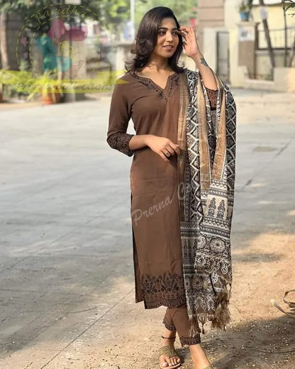 Elegant Brown Kurta Set with Printed Dupatta