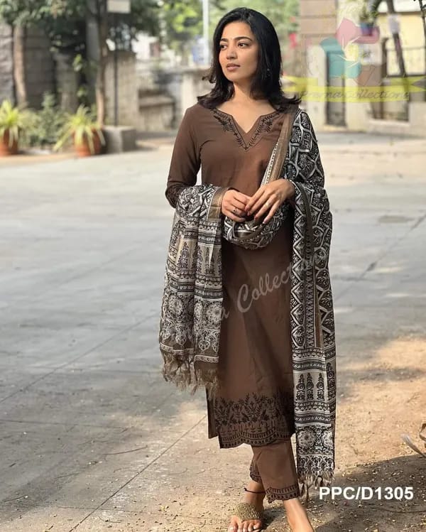 Elegant Brown Kurta Set with Printed Dupatta