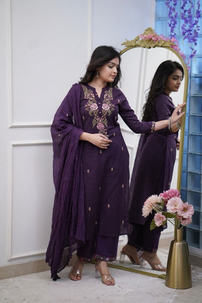 Pure Cotton Purple Embroidery Work Suit Set
