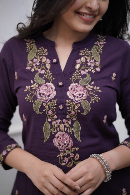 Pure Cotton Purple Embroidery Work Suit Set