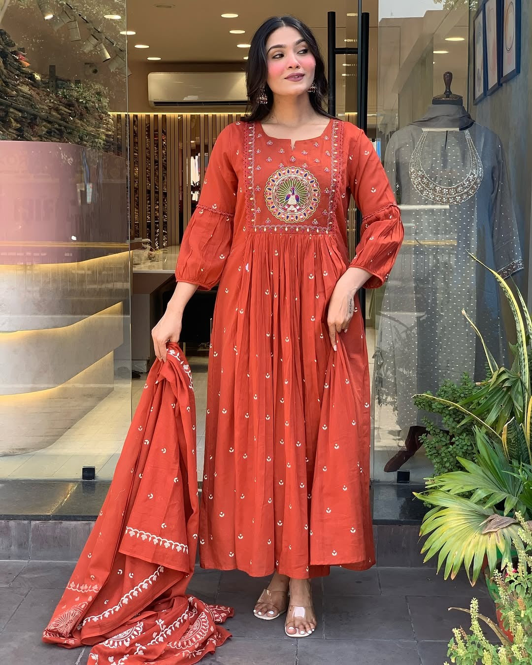 Libas Kurta Terracotta Mirror Work Anarkali Set