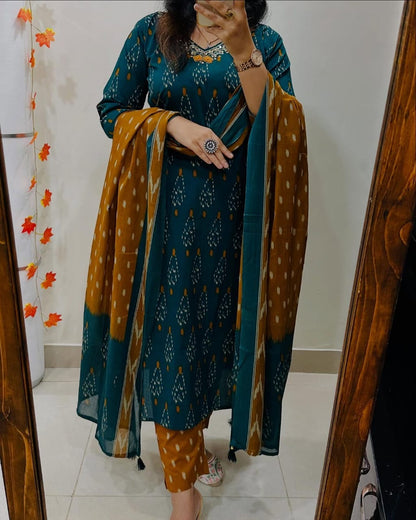 Elegant Teal & Mustard Ikat Print Cotton Suit Set