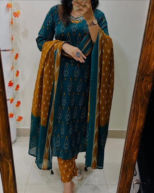 Elegant Teal & Mustard Ikat Print Cotton Suit Set
