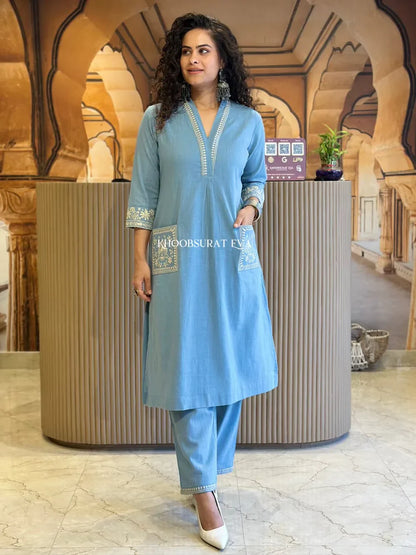 Libas Kurta Elegant Sky Blue Embroidered Cotton Kurta Set