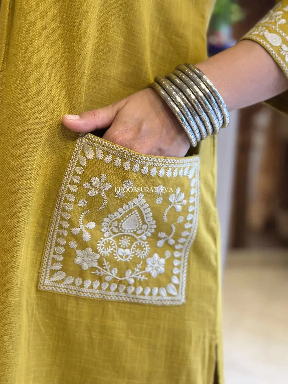 Libas Kurta Mustard Yellow Cotton Kurta With White Embroidery