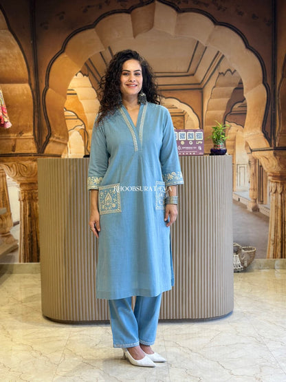 Libas Kurta Elegant Sky Blue Embroidered Cotton Kurta Set