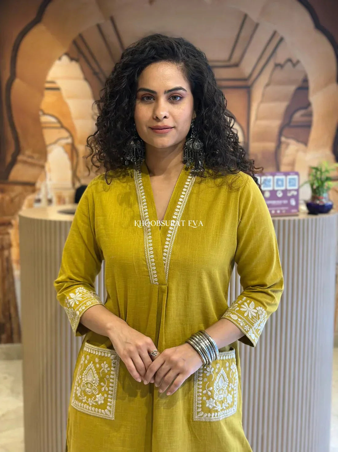 Libas Kurta Mustard Yellow Cotton Kurta With White Embroidery