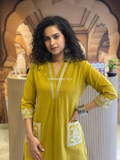 Libas Kurta Mustard Yellow Cotton Kurta With White Embroidery