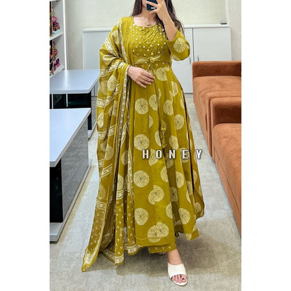 Yellow Cotton Anarkali Set with Jacket & Dupatta