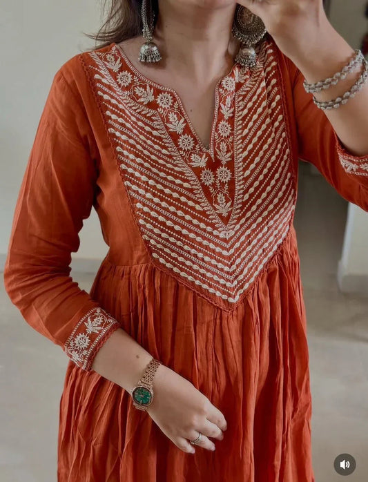 Rust Orange Anarkali Set with Embroidery & Dupatta