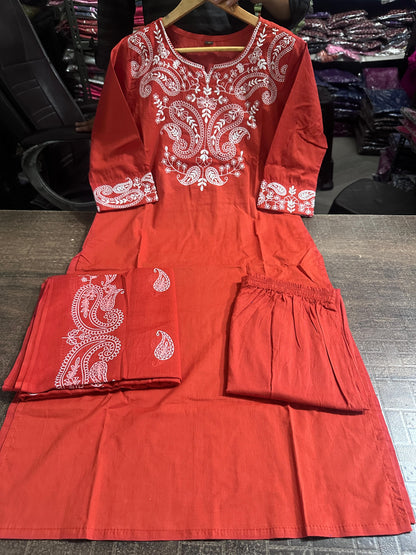 Premium Embroidered Cotton Kurti, Pants and Dupatta Set