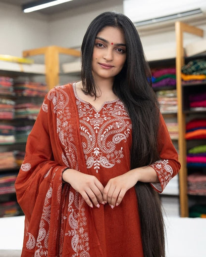 Premium Embroidered Cotton Kurti, Pants and Dupatta Set
