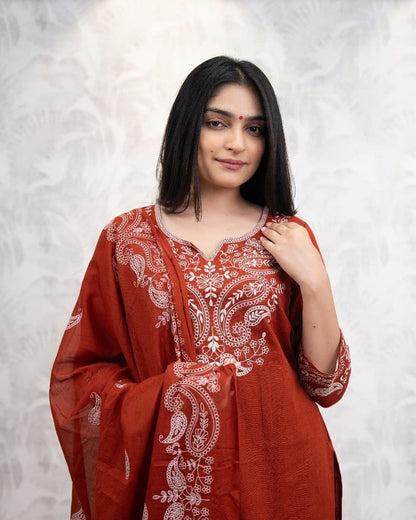 Premium Embroidered Cotton Kurti, Pants and Dupatta Set