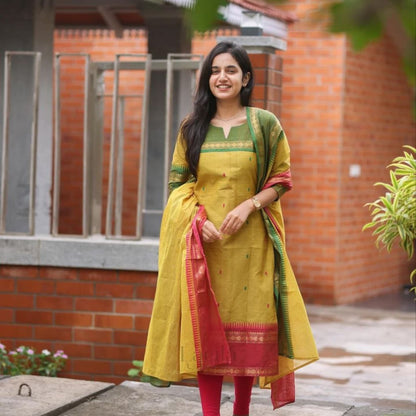 Elegant Kanchi Cotton Suit Set With Jacquard Dupatta