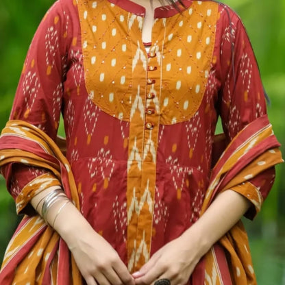 Ikkat Print Stylish Kurti With Pant And Dupatta Set