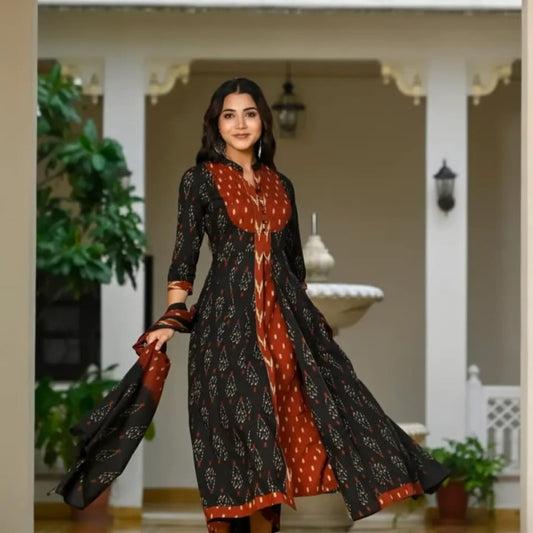 Ikkat Anarkali Kurti With Pant And Dupatta Set