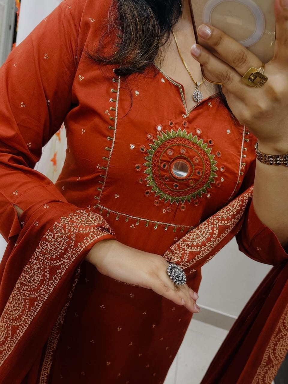 Rust Discharge Kurti With Pant And Dupatta Set