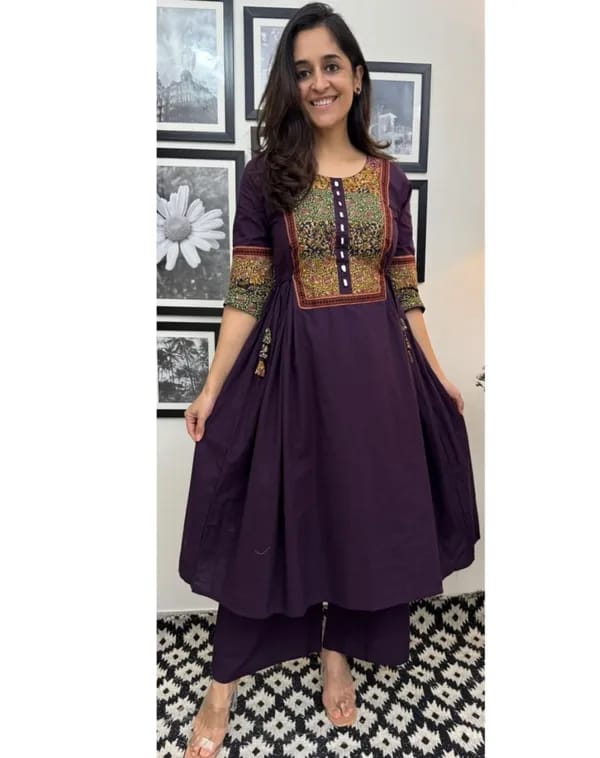 Purple Solid A-Line Kurti With Pant Set