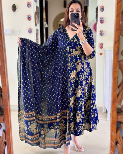 Angrakha Pattern Kurti With Pant And Dupatta Set