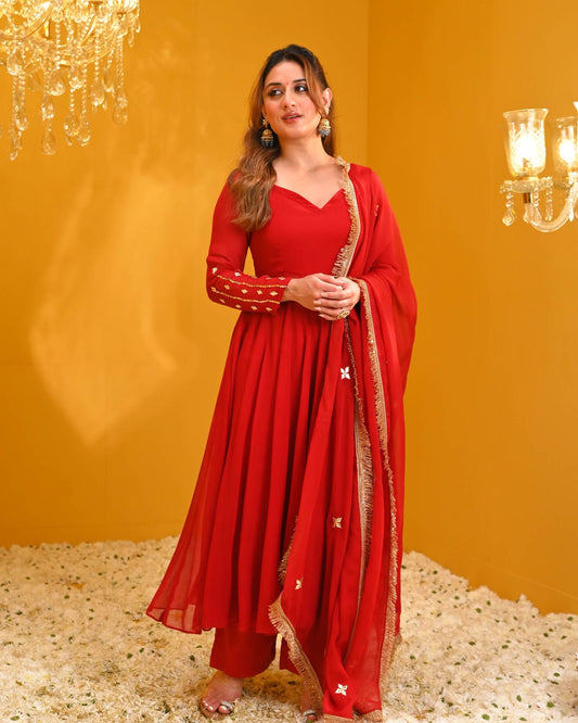 Women Beautiful Red Rayon Anarkali Kurta Pant and Dupatta set
