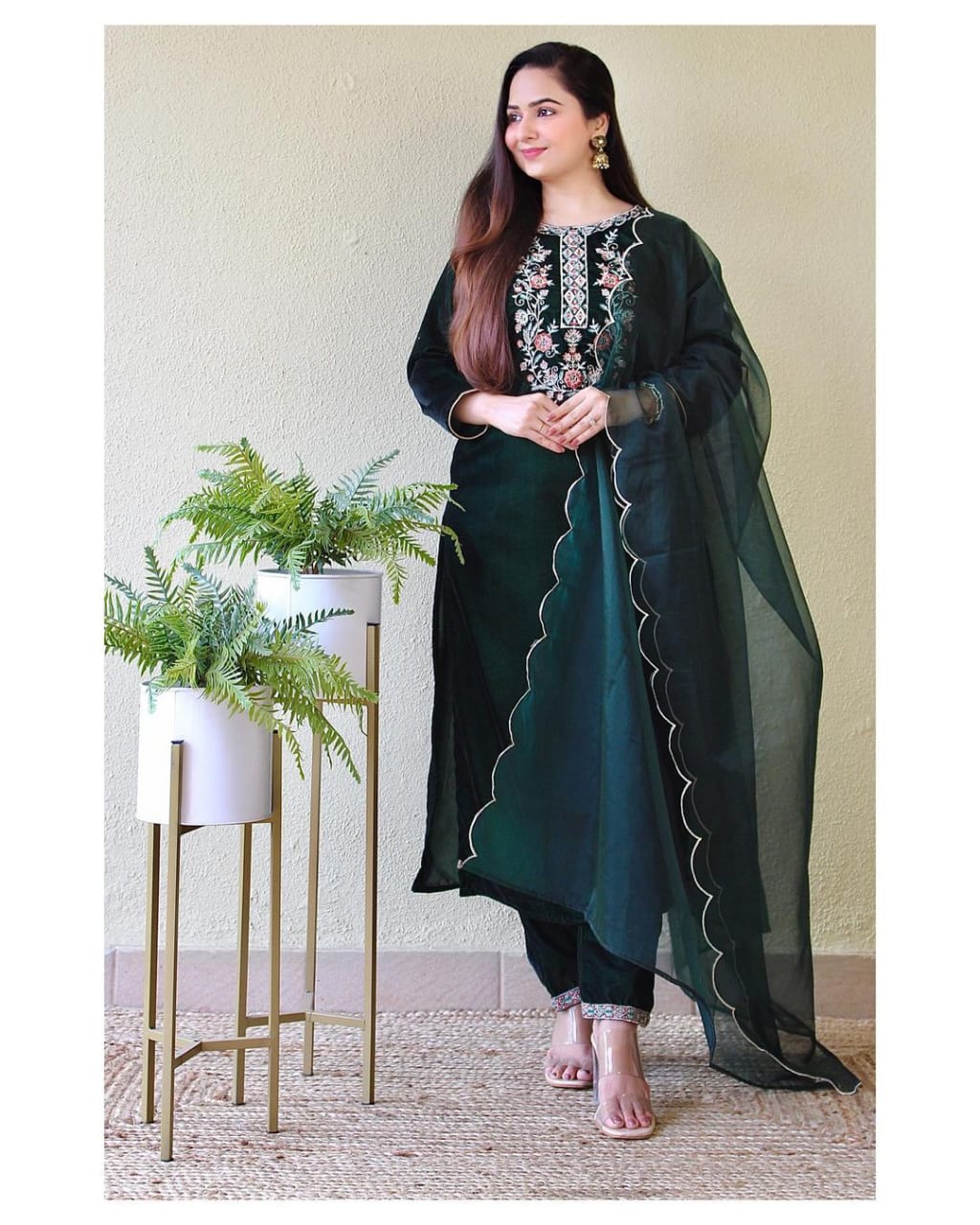 Green Velvet Suit set with embroidery for winter wear - Beautiful flower embroidery -suit, salwar and dupatta