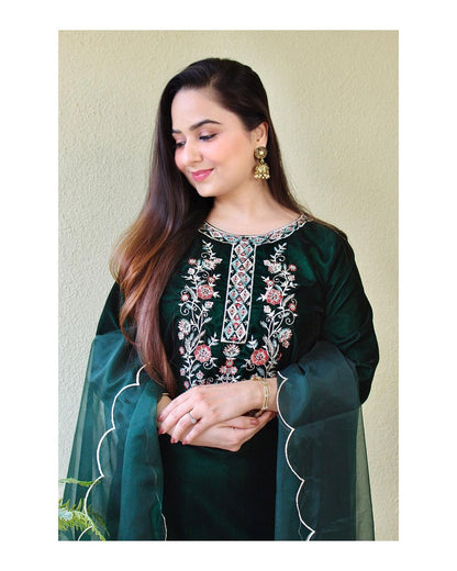 Green Velvet Suit set with embroidery for winter wear - Beautiful flower embroidery -suit, salwar and dupatta
