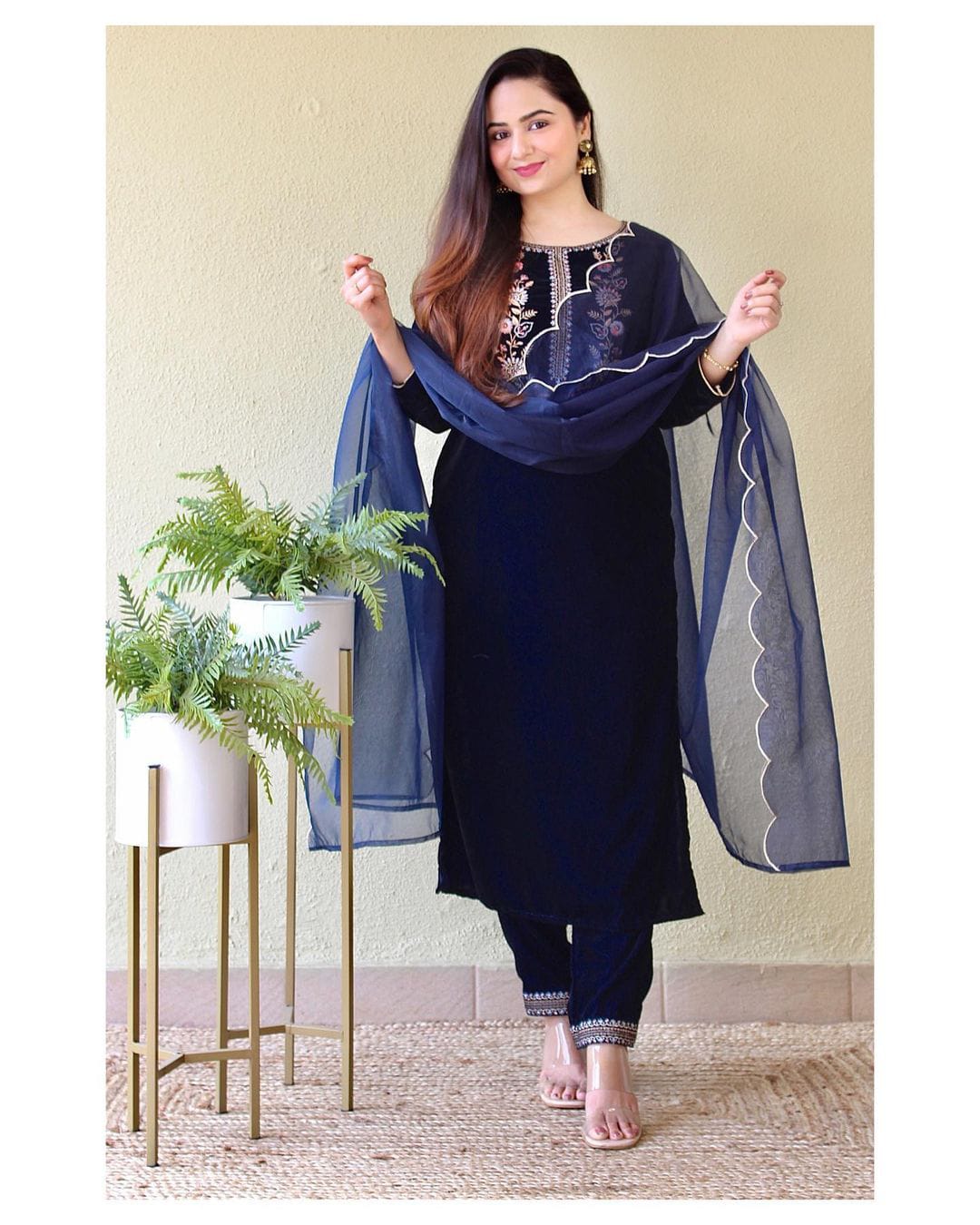 Dark Blue Velvet Suit set with embroidery for winter wear - Beautiful flower embroidery -suit, salwar and dupatta