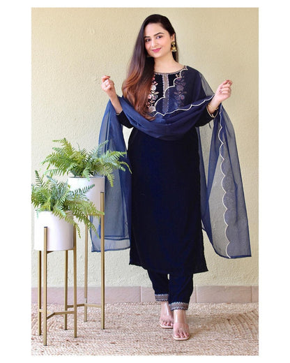 Dark Blue Velvet Suit set with embroidery for winter wear - Beautiful flower embroidery -suit, salwar and dupatta